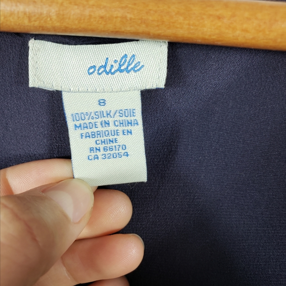 Odille Anthropologie 100% Silk Navy/Purple Ruffle V-neck Top Size 8 - Picture 6 of 9